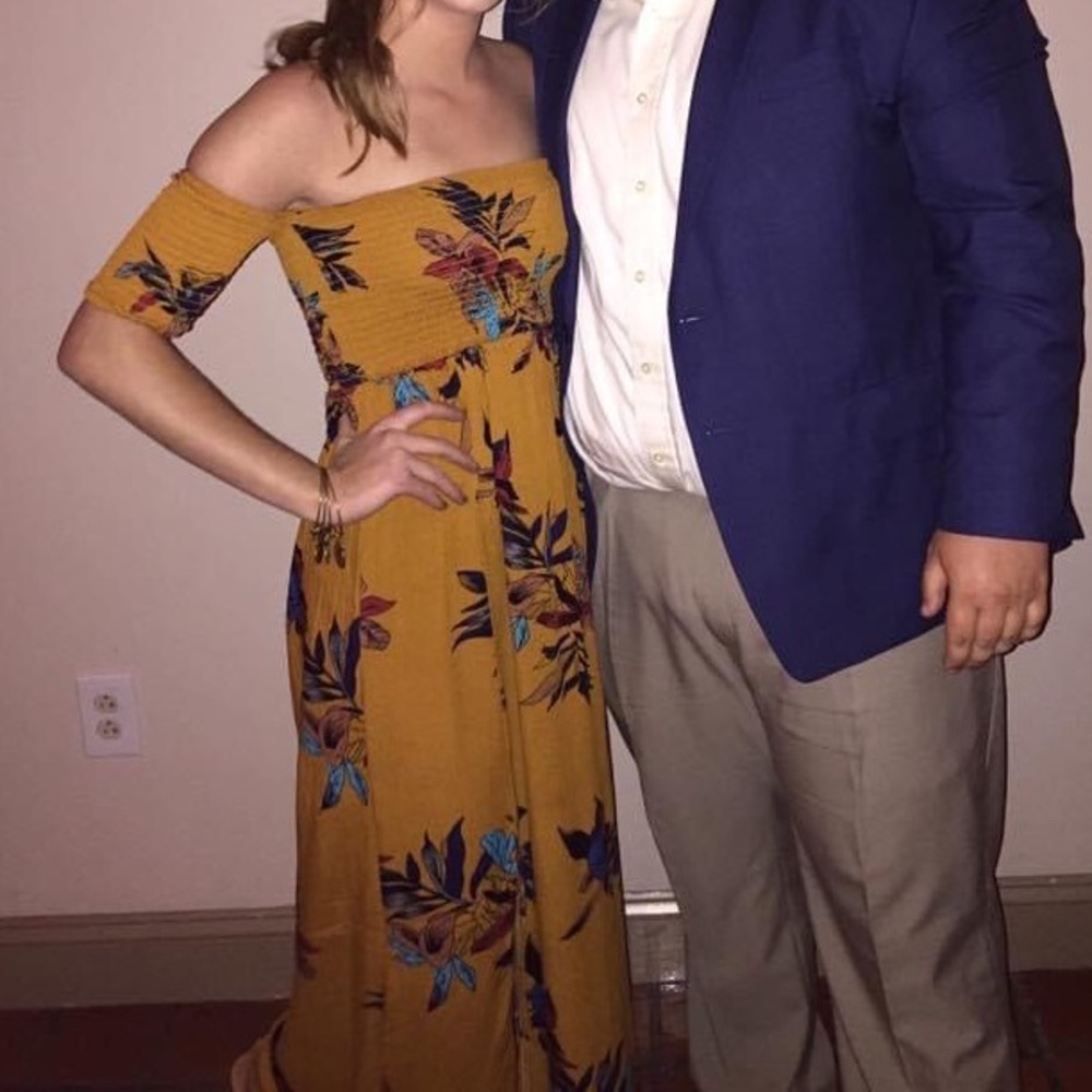 Off the shoulder mustard yellow maxi dress with 2 slits